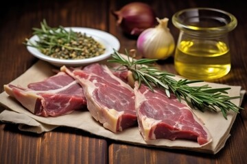pressed rosemary and garlic on a table, lamb cutlets behind