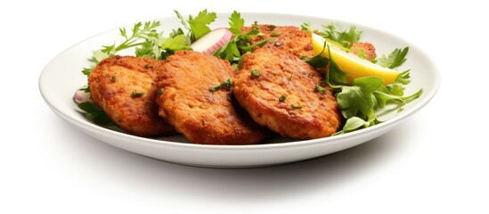 Cutlets arranged on a dish set apart on a white background