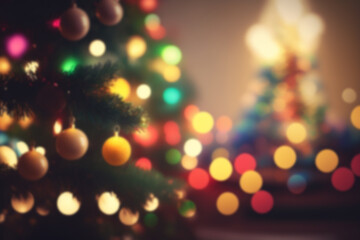 Blurred background with colorful bokeh lights. Christmas balls, garlands. New Year's Eve. Holidays. Generative AI