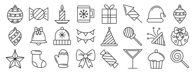 Merry Christmas and winter season doodle icon vector. Set of bauble ball, candy, candle, glass, wreath, hat, flag, sock, glove, cupcake. Winter festival and holiday collection for kids, decorative.