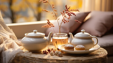 Naklejka na ściany i meble Tea set with porcelain teapot cup in a calm and peaceful autumn mood style soft white color palette and dreamy atmosphere created with Generative AI Technology