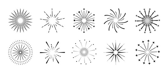 Obraz premium Set of new year firework vector illustration. Collection of black starburst, sunlight on white background. Art design suitable for decoration, print, poster, banner, wallpaper, card, cover, icon.