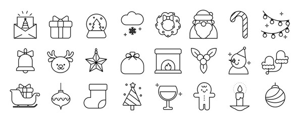 Fototapeta na wymiar Merry Christmas and winter season doodle icon vector. Set of bauble ball, envelope, chimney, santa, snowman, gingerbread, candle, pine. Winter festival and holiday collection for kids, decorative.
