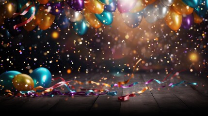 Party with lights, balloons, confetti and serpentine background.