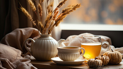 Tea set with porcelain teapot cup in a calm and peaceful autumn mood style soft white color palette and dreamy atmosphere