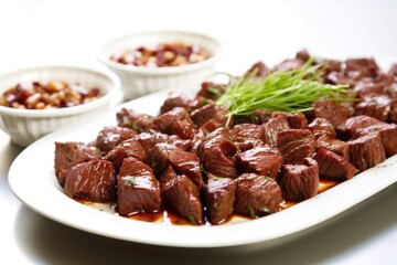 garlic bbq steak tips on a gourmet white platter