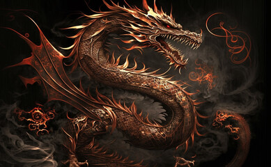 Red-fiery dragon on a dark background, symbol of the year. Generative AI
