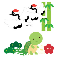 デフォルメされたかわいい鶴と亀とおめでたい松竹梅のベクターイラストセット