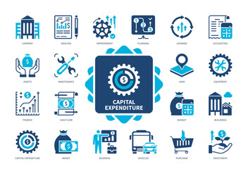 Capital Expenditure icon set. Company, Purchase, Maintenance, Improvement, Asset, Business, Finance, Investment. Duotone color solid icons - obrazy, fototapety, plakaty