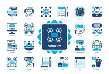 Comments icon set. Communication, Social Media, Followers, Chat, Blogging, Sharing, Survey, Internet. Duotone color solid icons