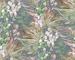 Seamless watercolor pattern with graceful herbs and flowers with leaves for textile
