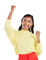 Winner, happy and celebration of indian woman, fist or isolated on transparent png background for...