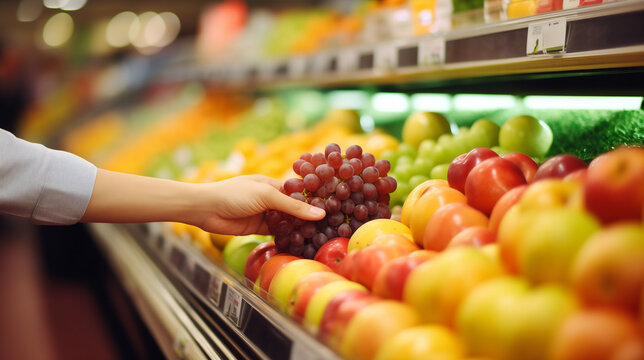 Picking fruits in Food supermarket retail store market. Ai generative.