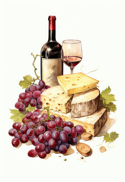 vintage illustration of red wine bottle glass, cheese slices, grapes fruit and meat slices on white background created with Generative AI Technology