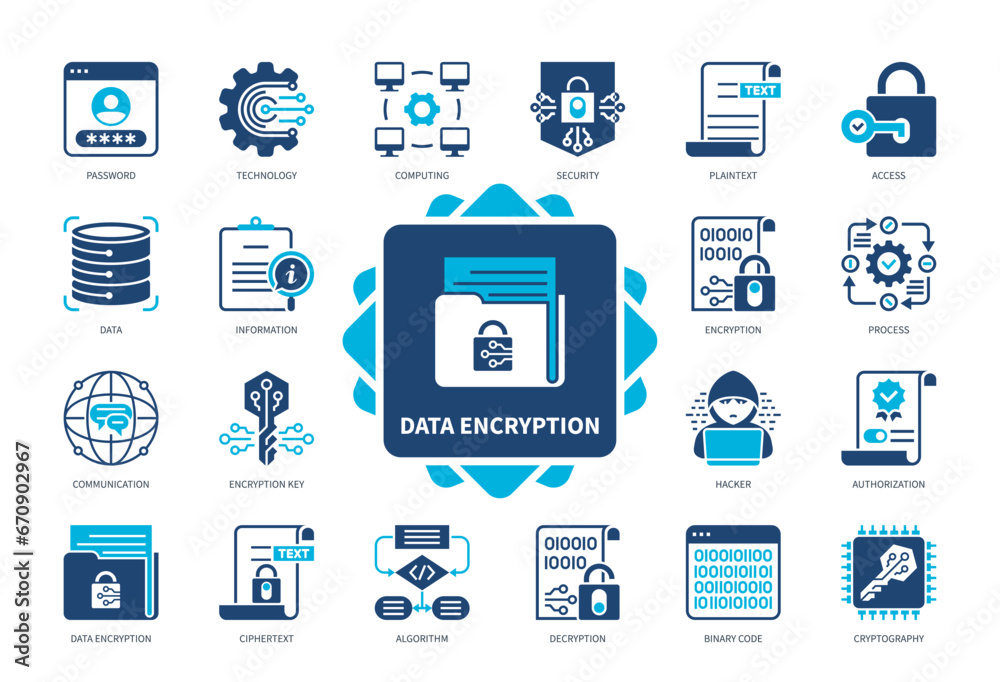 Poster data encryption icon set. encryption key, cryptography, security, algorithm, technology, information