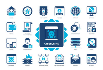 Cybercrime icon set. Online Harassment, Internet, Ad Fraud, Confidentiality, Cyberterrorism, Password, Hacker, Security. Duotone color solid icons