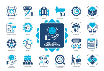 Customer Satisfaction icon set. Marketing, Product, Services, Quality, KPI, Rating, Consumption, Business Strategy. Duotone color solid icons