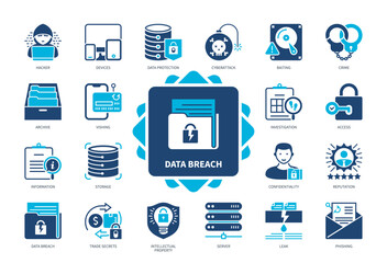 Data Breach icon set. Devices, Hacker, Cyber Attack, Confidentiality, Access, Protect Data, Investigation, Server. Duotone color solid icons