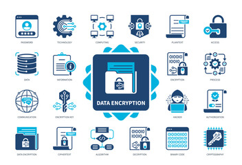 Data Encryption icon set. Encryption Key, Cryptography, Security, Algorithm, Technology, Information, Process, Password, Decryption. Duotone color solid icons