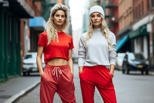 Two fashion models wearing white and red athleisure outfits