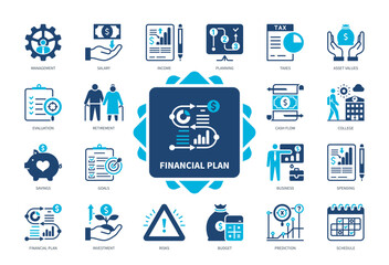 Financial Plan set icon set. Goals, Cash Flow, Investment, Income, Planning, Savings, Management, Asset Values. Duotone color solid icons