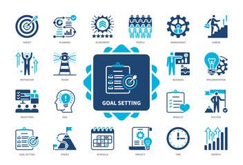 Goal Setting icon set. Target, Vision, Planning, Implementation, Growth, Idea, Project, Success. Duotone color solid icons