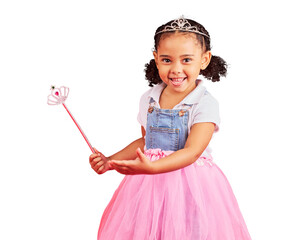 Girl portrait, child and princess with magic wand, fantasy and pink dress isolated on transparent...