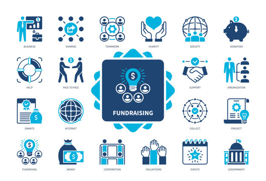 Fundraising icon set. Volunteers, Grants, Support, Teamwork, Charity, Sharing, Donation, Project. Duotone color solid icons