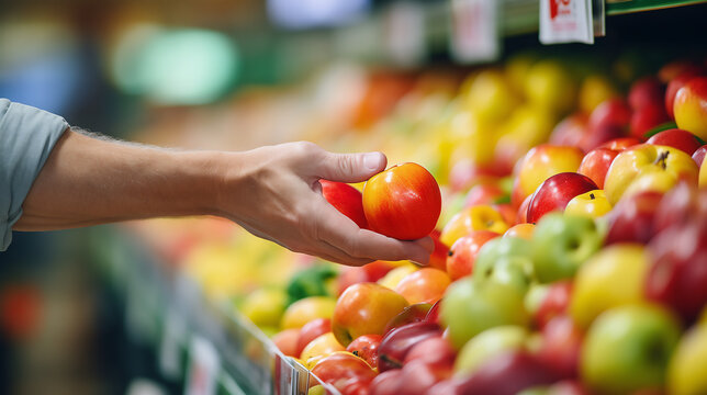 Picking fruits in Food supermarket retail store market. Ai generative.