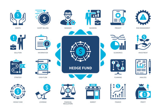 Hedge Fund icon set. Risk Management, Investment, Financial Regulators, Assets, Business, Cash Flow, Profit, Analysis. Duotone color solid icons