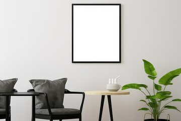 This 3D rendering image showcases a mockup poster frame in a modern interior setting. It provides a visual scene to explore design ideas in a modern environment where posters are display Generative AI