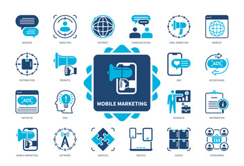 Mobile Marketing icon set. Distribution, Website, Consumers, Goods, Viral Marketing, Communication, Promote, Targeting. Duotone color solid icons