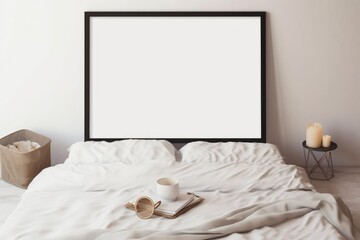 This bedroom interior features white walls, a concrete floor, a comfortable bed with white sheets, a coffee table, and a mock-up poster frame, creating a modern and cozy atmosphere.

 Generative AI