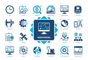 Monitoring icon set. Health, Benchmarking, Measuring, Analysis, System Monitoring, Time, Traffic, Environment. Duotone color solid icons