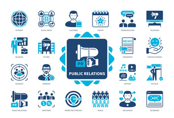 Public Relations icon set. Marketing Strategy, Communication, Newspaper, Influencer, Internet, Social Media, Customer, Events. Duotone color solid icons