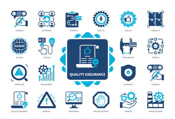 Quality Assurance icon set. Monitoring, Inspection, Feedback, Guarantee, Manufacturing, Defects, Development, Testing. Duotone color solid icons - obrazy, fototapety, plakaty