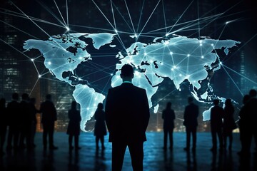 Enjoy the silhouette of a businessman looking at a global network hologram. This 3D rendering symbolizes connectivity and global business opportunities in the modern business landscape.
 Generative AI