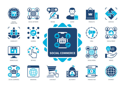 Social Commerce icon set. Marketplace, Social Media, Buyer, Virals, Review, Community, Authority, Social Proof. Duotone color solid icons