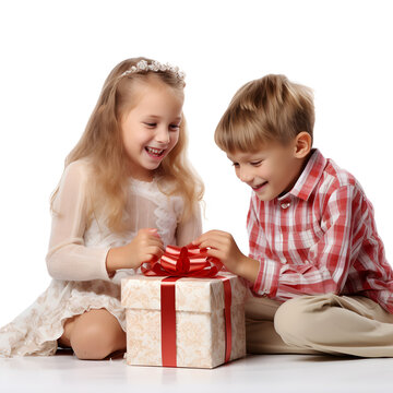 Children opening presents isolated on white background, png