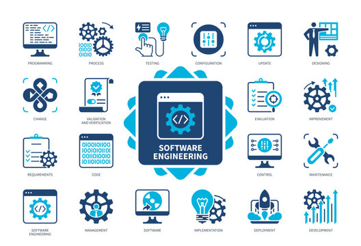 Software Engineering icon set. Maintenance, Designing, Software, Programming, Deployment, Implementation, Verification, Update, Testing. Duotone color solid icons