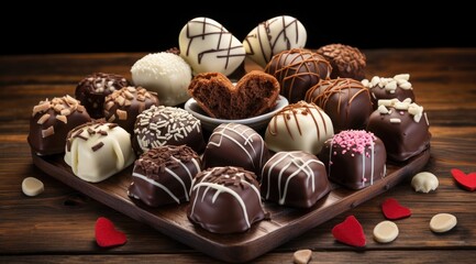 Dark, milk and white chocolate candies / pralines / truffles, assorted on wooden table. Generative AI