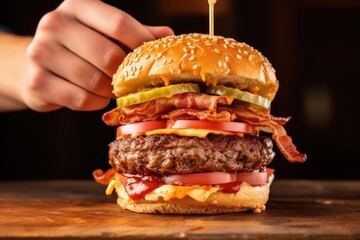 hand fastening a tall bacon cheeseburger with a toothpick - obrazy, fototapety, plakaty