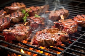 lamb chops on a bbq grill with smoke rising