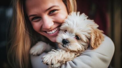 Adorable poodle puppy in the arms of his loving owner. Happy woman hugging her puppy
