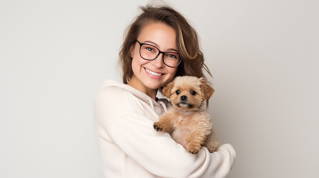 Young happy woman holding a lapdog in her arms on a white background.