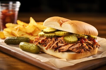 bbq sandwich with a side of pickles and chips - obrazy, fototapety, plakaty
