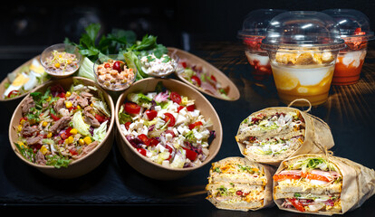 Collage with different types of salads, yogurts and toasts.