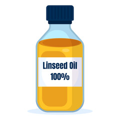 Linseed oil in transparent bottle isolated on white background.  Pure plant oil of linseed