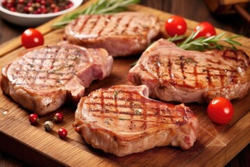 pork chops with grill marks on a wooden board