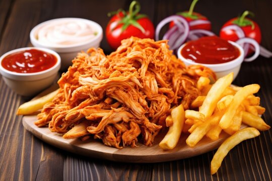 arrangement of pulled chicken with sauce and curly fries